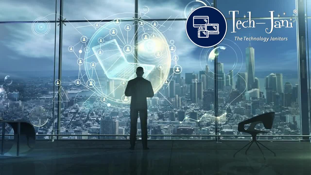 Tech-Jani branding over a modern office and connected workplace technology